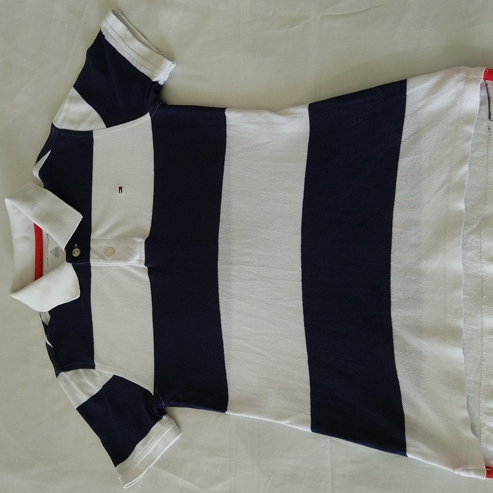 Tommy Hilfiger boys navy blue & white striped short sleeve polo shirt Sz M (8-10